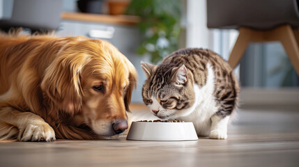Dog and Cat Eating Together from Same Bowl
