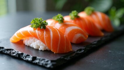 salmon sushi on a slate plate, minimal and elegant. Soft light, shallow depth, clean aesthetic—perfect for menus or culinary use