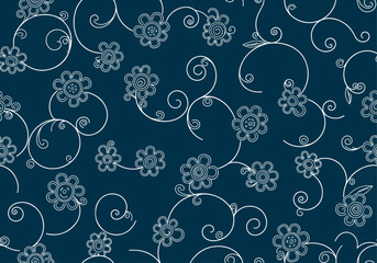 An elegant seamless pattern features delicate white line art of stylized flowers and swirling vines on a deep navy blue background.