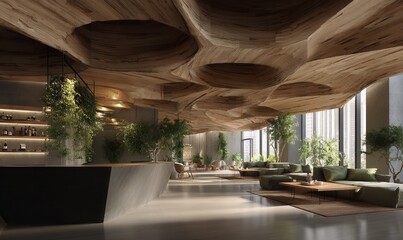 digital forest-inspired interior, biophilic materials, wood textures, AI lighting 
