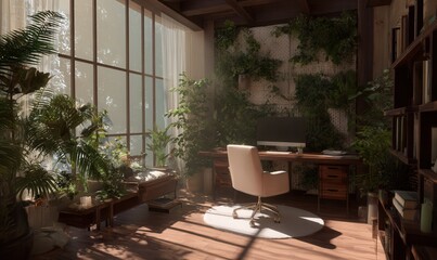 digital home office with biophilic wall, virtual sunlight, calm immersive setting 