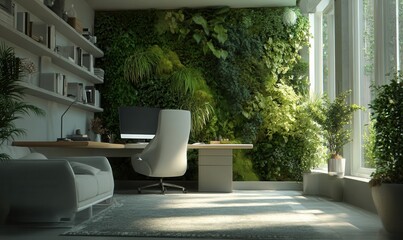 digital home office with biophilic wall, virtual sunlight, calm immersive setting