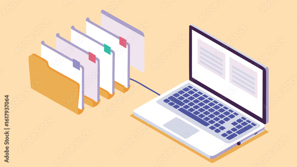 Fototapete isometric view of laptop connected to folder with documents and colored tabs in a light background