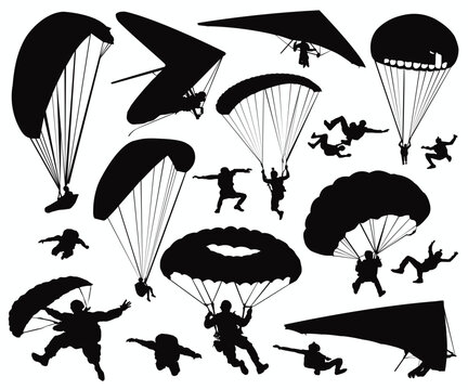 Black Silhouettes Hang Glider or Parachute skydiving. Army parachute, airborne soldiers, military parachuting, descending rapidly, veterans, and civilians jump. Para gliding parachute man illustration