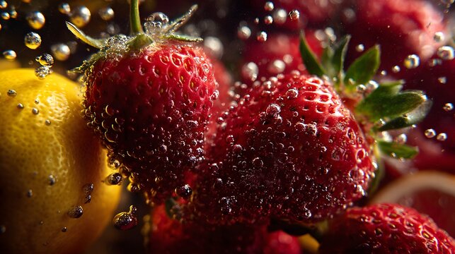 Strawberries and Lemons Submerged in Sparkling Water with Bubbles and Bright Lighting perfect for summer drink ads, fruit beverage packaging, wellness campaigns and refreshing product visuals