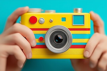 Brightly Colored Retro Camera Held by Hands