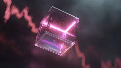 Transparent cube with pink neon light, floating amidst abstract dark shapes