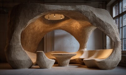 futuristic furniture grown from mycelium, earthy textures, sustainable design lab 