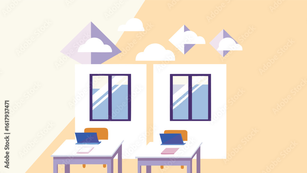 Poster two office spaces with laptops on desks and windows with clouds outside on a light background design