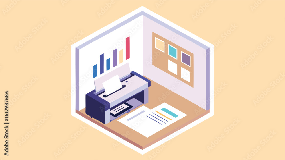Poster isometric view of a printer on a desk with printed papers and a chart on the wall inside a room
