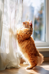 Fluffy Cat Touching Curtain in Morning Sunlight
