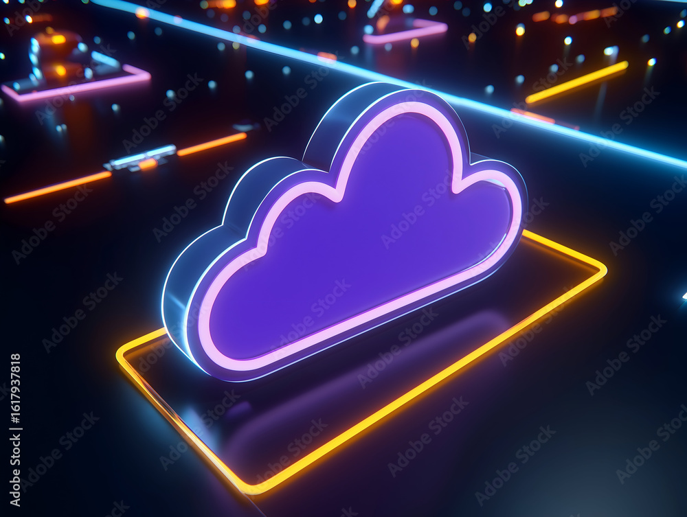 Poster a vibrant, neon cloud symbol representing cloud computing, surrounded by glowing lines and shapes in