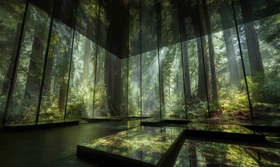 mixed reality space with biophilic overlays, immersive forest scenes, smart surfaces