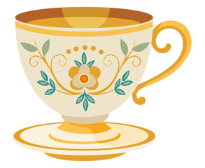 Elegant Teacup with Floral Design on a Saucer Isolated on White