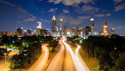 Obraz premium Atlanta's Skyline at Night: A Symphony of Light, Movement and Urban Splendor