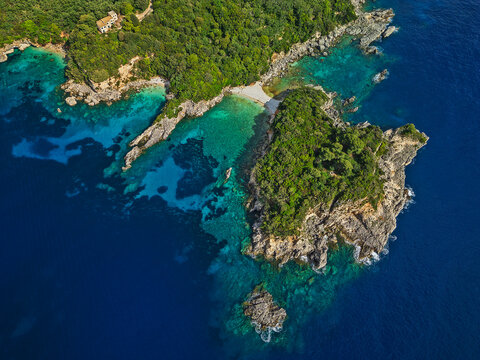 Aerial view of bay and peninsula at Paralia Limni Corfu Greece