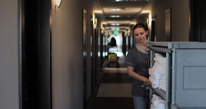 Woman maid in hotel, daily cleaning in hotel rooms. Daily cleaning. Cleaning service in hotel rooms, hotel business.