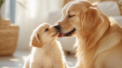 Golden Retriever Puppy Licking Adult Dog Affectionately
