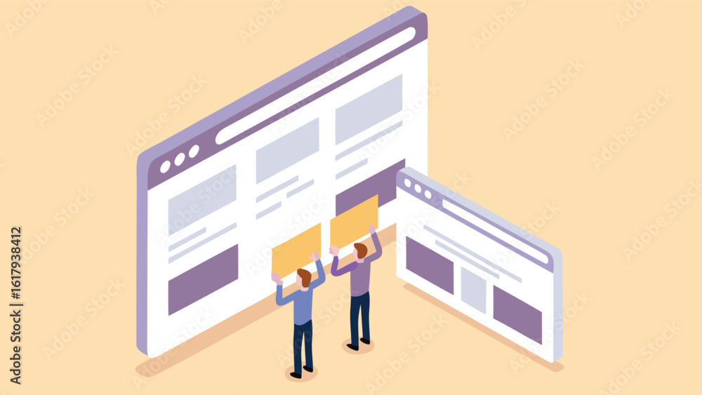 Poster isometric view of two people holding signs in front of web browser windows on a light background
