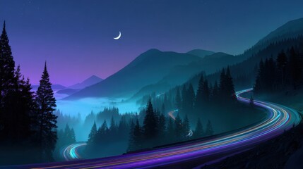 Futuristic mountain highway at night with vibrant neon light trails from electric vehicles, misty pine forests, and indigo peaks, ideal for tech branding and sci-fi themes