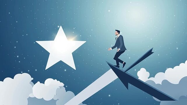 Businessman rides a large upward curving arrow toward a shining star, symbolizing career growth and success