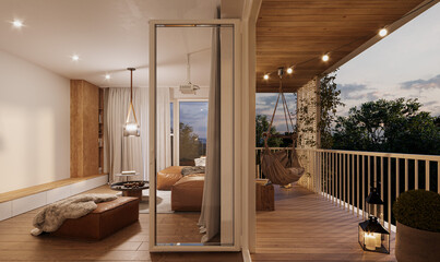 Cozy Modern Living Room with Balcony at Sunset and Home Cinema Atmosphere