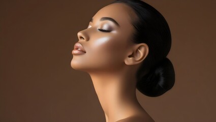 Radiant Beauty: Stunning Woman with Flawless Glowing Skin and Elegant Natural Makeup Look