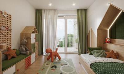 Interior of a modern small Scandinavian double children´s room showcase. Comfortable hygge child room for two kids with green decoration.