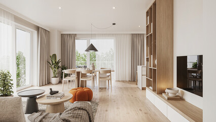 Interior of a modern small Scandinavian living room showcase. Comfortable hygge flat with orange decoration.
