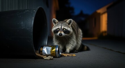 Raccoon near garbage bin at night