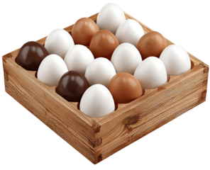 Assorted eggs in a wooden crate