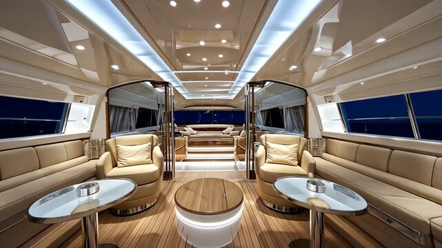 Luxurious yacht interior showcasing elegant seating and ambient lighting with ocean views