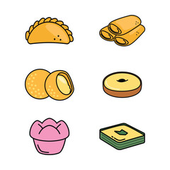 Colored Indonesian Traditional Snacks: Pastel, Risoles, Onde-Onde, Kue Lumpur, Kue Mangkok, Kue Talam