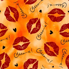 Abstract Hand Drawing Red Lips with B&eacute;same Hand Writing Spanish Slogan Seamless Pattern with Tie Dye Watercolor Batik Background