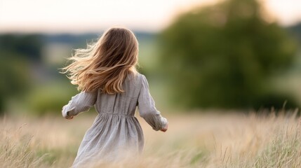 Young girl in flowing dress runs joyfully through golden field, hair blowing in the wind, embodying carefree rural lifestyle and nature's beauty