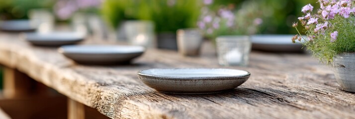 Rustic wooden table set for outdoor dining, featuring simple plates and delicate flowers, embodying the essence of slow living and farmcore aesthetics