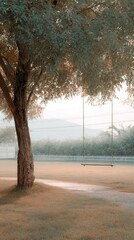 Serene swing hanging from a large tree in a tranquil rural setting, surrounded by lush greenery and soft morning light, evoking peaceful slow living