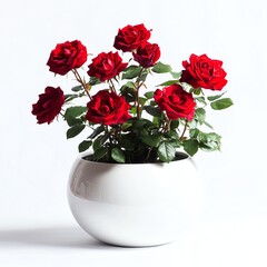 Obraz premium Blooming Rose Bush in Round Ceramic Planter - Vibrant Blooming Rose Bush Photo for Blooming Rose Bush Lovers