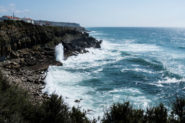 High waves on ocean surface in Sintra Portugal