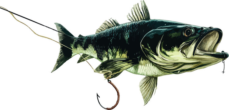 Detailed illustration of a caught snook fish with hook and line