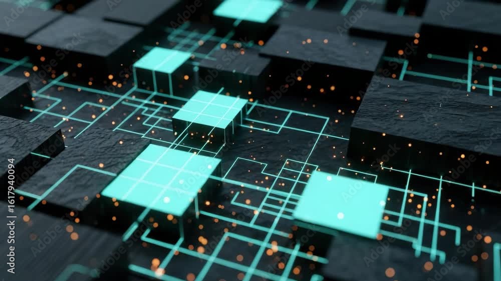 Poster a close-up view of a futuristic digital landscape featuring glowing turquoise squares and intricate 
