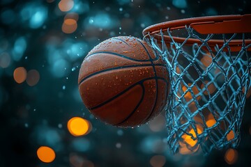 Wet basketball in net with blurred orange and blue bokeh lights sport hoop