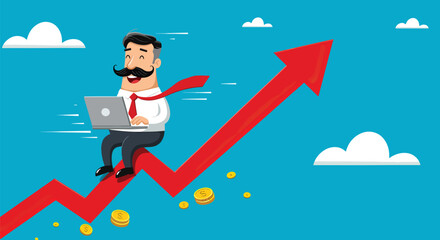 Cartoon businessman with laptop riding upward trending arrow symbolizing business growth