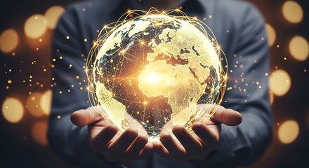 Hands holding a glowing digital globe with interconnected network lines and bokeh lights