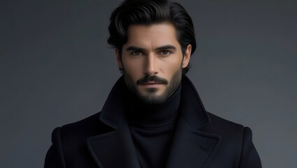 Voguish Gentleman: Confident Man with Beard and Stylish Black Coat Portrait
