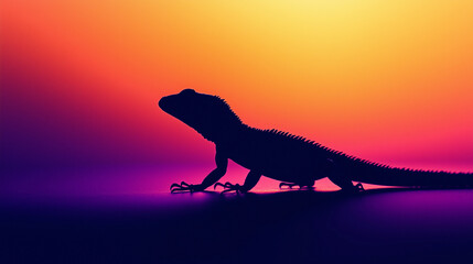 Silhouette of a Bearded Dragon Against Vibrant Sunset Gradient 석양 그라데이션을 배경으로 한 수염도마뱀 실루엣