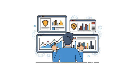 Analyzing Financial Data and Security Measures on Multiple Computer Screens, a Person Observing Trends