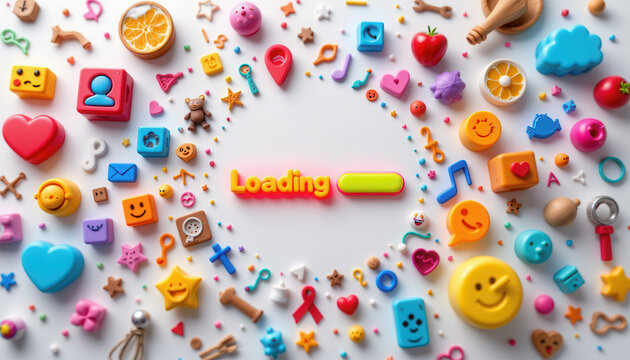 Loading bar surrounded by colorful playful icons and symbols creating cheerful and vibrant atmosphere