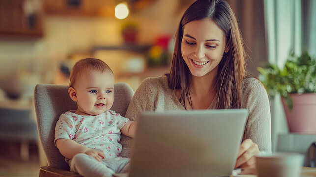 A mother and baby bond while she works on a laptop at home, creating a heartwarming scene. A young mother works on a laptop while holding her adorable baby, showcasing a blend of work and motherhood. - Powered by Adobe