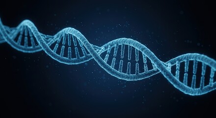 A blue luminous DNA helix strand rotates against a dark speckled background